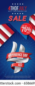 4th july happy independence day sale banner template design with red ribbons on blue background