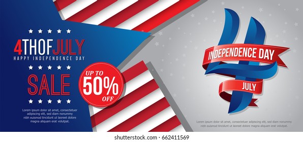 4th july happy independence day sale banner template design with red ribbons on white back ground