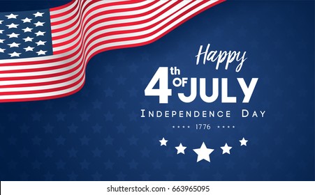 4th of July, Happy Independence Day Banner Vector illustration, USA flag waving on blue star pattern background.
