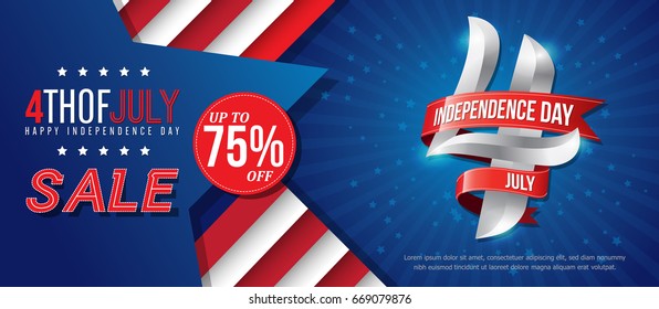 4th july happy independence day sale banner template design with red ribbons on blue back ground