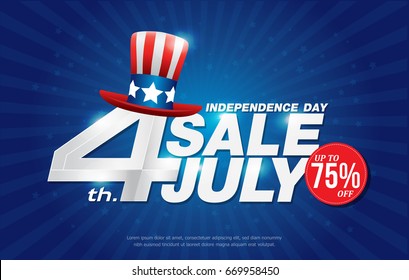 4th july happy independence day sale banner template design with american hat on blue back ground