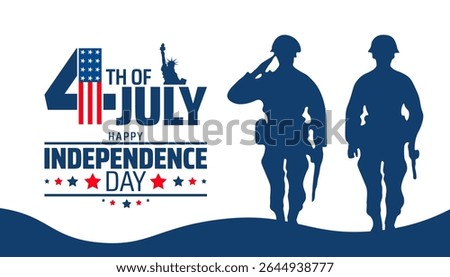 4th of July Happy Independence Day background or banner design. Saluting Soldiers and Statue of Liberty Integrated into Text Design on White and Blue.