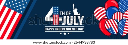 4th of July Happy Independence Day background or banner design. US Flag, Statue of Liberty, and Patriotic Balloons on Dark Blue Background.