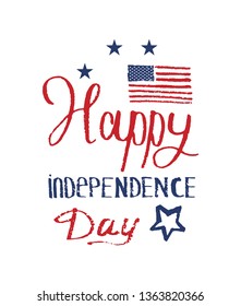 4TH JULY. Happy Independence Day.Holiday hand drawn lettering isolated on white background.Greeting card with USA national flag,blue stars,brush stroke calligraphic.Vector stock illustration.Postcard.