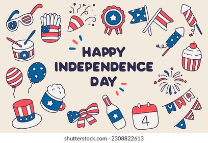 4th July Happy USA Independence Day Doodle flat  Vector Icon Clipart (Clip Art). Cute America national isolated symbols elements  on white background. svg