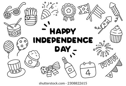 4th July Happy USA Independence Day Doodle flat  Vector Icon Clipart (Clip Art). Cute America national isolated symbols elements  on white background.