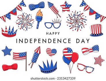 4th July Happy USA Independence Day Hand Drawing Vector. America national isolated symbols elements on white background