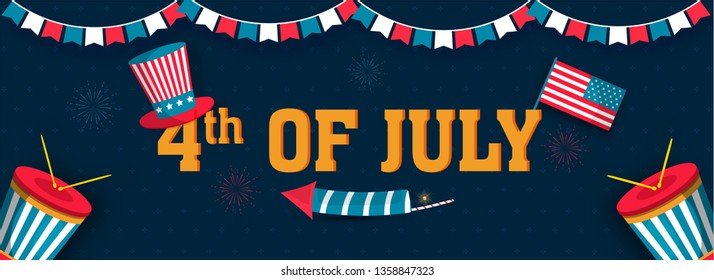 4th Of July header or banner design with uncle sam hat, America Flag and drum illustration on blue background.