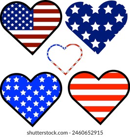 4 de julio Corazones en USA Diseño de Banderas. Corazones en estrellas y rayas. Decoración Patriótica para el Día de la Independencia, Arte vectorial. 4 de Julio América con Amor. Día de los Caídos. 