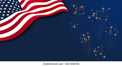 4th of July holiday banner with American national flag and fireworks on navy blue background. USA Independence Day. Template design for poster, flyer, greeting card. Place for text