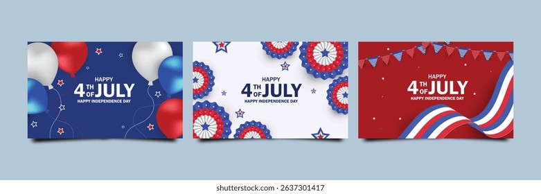 4th of July holiday banners, posters, cards Set. USA Independence Day design template for Sale, discount, advertisement, social media