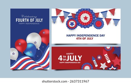 4th of July holiday banners, posters, cards or flyers Set
