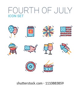 4th of July Holiday Icons. Fourth of July Vector Clipart. United States of America USA flag, balloon, map. Party celebration with fireworks, bbq grill, wine glasses, rockets, drum, calendar, shield.