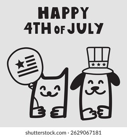 4th of July. Holiday. Independence day. Cat and dog. Vector outline illustration on white background.