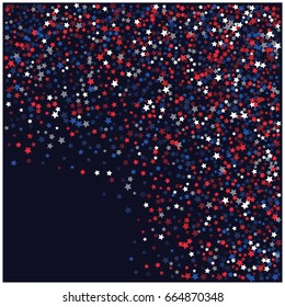 4th of July holidays vector background, festive pattern with flying, falling red, blue, white stars, colors of the United States flag. Independence Day banner or poster with bright star dust confetti