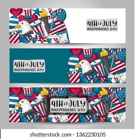 4th of july horizontal banner set. Cute header for invitation, advertisement, web page. Hand drawn  doodle cartoon style USA national Independence day design concept. Vector illustration.