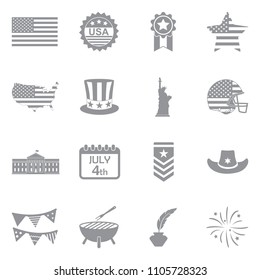 4th Of July Icons. Gray Flat Design. Vector Illustration. 