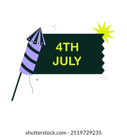 4th of July illustration featuring a firework rocket and banner, symbolizing independence day celebration, patriotism, festive fireworks. Flat vector design, isolated on white background