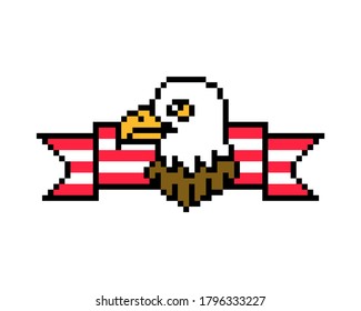 4th of July illustration, pixel art american eagle on striped ribbon background. 8 bit Independence day banner. USA holiday greeting card. Old school vintage retro slot machine/video game graphics.