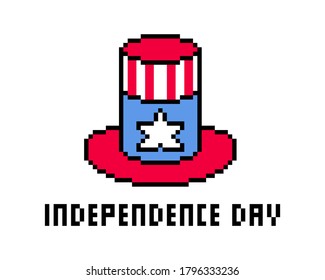 4th of July illustration, pixel art Uncle Sam's hat isolated on white background. 8 bit Independence day banner. American holiday greeting card. Vintage retro slot machine/video game graphics.