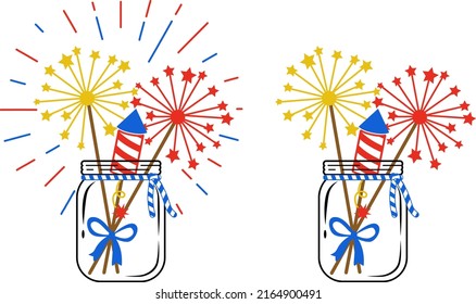 4th Of July Illustration, Sparklers Vector, American Flag, Memorial Day, Patriotic Firework 