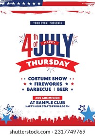 4th of July independence day A4 flyer, poster, banner template with sample show list, grunge American flag, star, new york skyline, etc. Vector illustration. 
