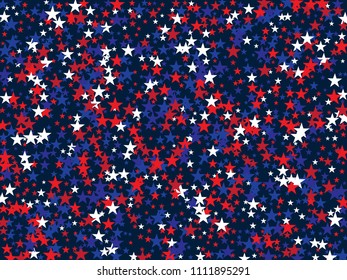 4th of July, Independence Day of America Patriotic Stars Confetti. Flying Stars Texture, USA Blue, Red, White Confetti Frame. 4th of July, US Independence Day, National Symbols Modern Background.