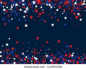 4th of July, Independence Day of America Patriotic Stars Confetti. Falling Stars Pattern, USA Confetti Frame in Blue, Red, White. 4th of July, US Independence Day, National Symbols Funky Background.