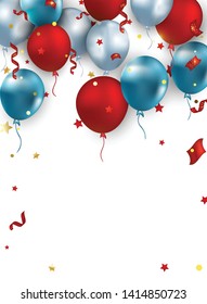 The 4th of July. Independence Day of America. Party banner with balloons, stars, confetti. Vector background.