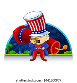 4th of July. Independence Day of America. American eating hamburger. Dressed in an American dress coat and top hat. A huge rocket. Fireworks. Statue of Liberty in the park. Cartoon. Vector.