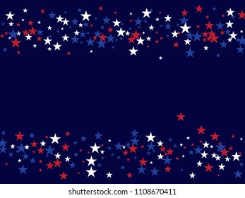 4th of July Independence Day American Falling Stars Confetti Vector Background. Red, Blue White Stars Frame Patriotic Background. US Glory, States Independence Day Banner, 4th of July Patriotic Bokeh