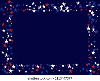 4th of July Independence Day American Stars Vector Confetti Falling Background. Red, Blue White Stars Clean Patriotic Background. United States Independence Day Banner, 4th of July Patriotic Bokeh.