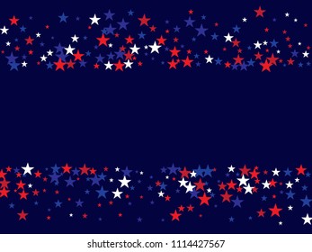 4th of July Independence Day American Stars Falling Confetti Vector Background. Red, Blue White Stars Border Patriotic Background. US, American Independence Day Banner, 4th of July Patriotic Bokeh