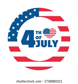 4th of july independence day, american flag heart memorial celebration vector illustration flat style icon