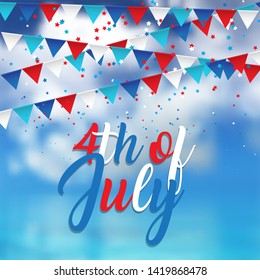4th July Independence Day background with pennants and confetti on blue sky