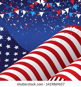 4th July Independence Day background with American flag and confetti