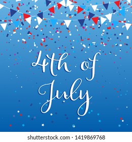 4th July Independence Day background with flags and confetti