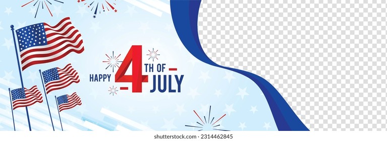 4th of July independence day background with waving united states flag and empty transparent copy space. Vector illustration.