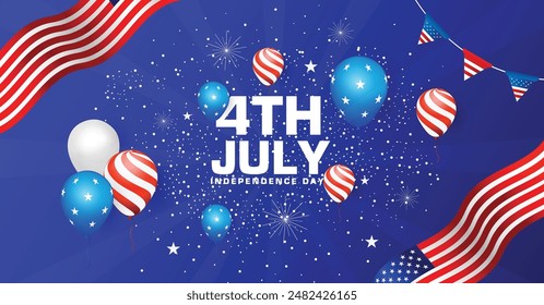 4th July Independence Day background design. Independence Day vector template. 4th of July Independence Day banner design with American flag balloon and blue gradient color.