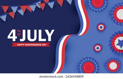 4th of July Independence Day background with American flag ribbon, paper fan, and bunting decoration