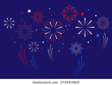 4th of July, Independence Day background with fireworks. American flag fireworks. For celebrating America's Independence Day. Fourth of July Stars Red Blue Fireworks Excitement Modern Motion Abstract Background