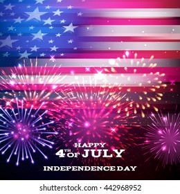 4th July Independence day background design. National day USA holiday banner poster greeting card. Stars and stripes american flag with fireworks vector illustration.