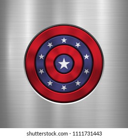 4th of July Independence Day badge, circle button template with metal texture, chrome, silver, steel and realistic reflex for logo, design concepts, interfaces, apps. Vector illustration.