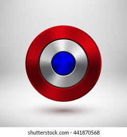 4th of July Independence Day badge, circle button template with metal texture, chrome, silver, steel and realistic shadow for logo, design concepts, interfaces, apps. Vector illustration.