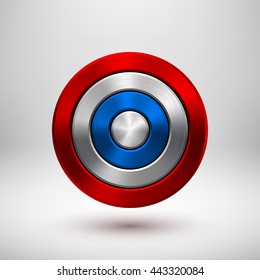 4th of July Independence Day badge, circle button template with metal texture, chrome, silver, steel and realistic shadow for logo, design concepts, interfaces, apps. Vector illustration.