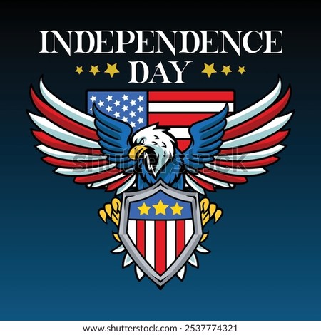 4th of July Independence Day Bald Eagle with American Flag Shield and Statue of Liberty Vector Illustration for social media, flyers, web pages, print media, greeting card, invitation, banner