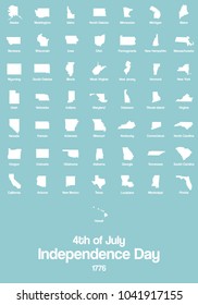 4th of July. Independence Day Banner, Postcard, Poster. 50 States Silhouette Icons. The Pictograms of Each State. Vector illustration