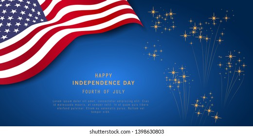 4th of July or Independence Day Banner on navy blue background with fireworks and USA flag. Memorial day. President election. Waving flag design for poster, flyer. Space for text. Vector illustration