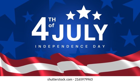 4th of July, Independence Day Banner. Waving USA flag on a blue background with stars. Usa national holiday celebration. Invitation template with text. Vector holiday illustration