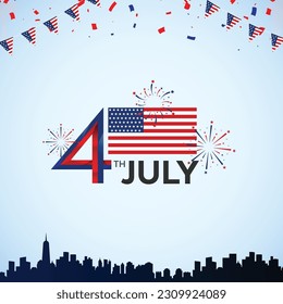 4th of July independence day banner background with USA flag, fireworks, and new york cityscape. Vector illustration.